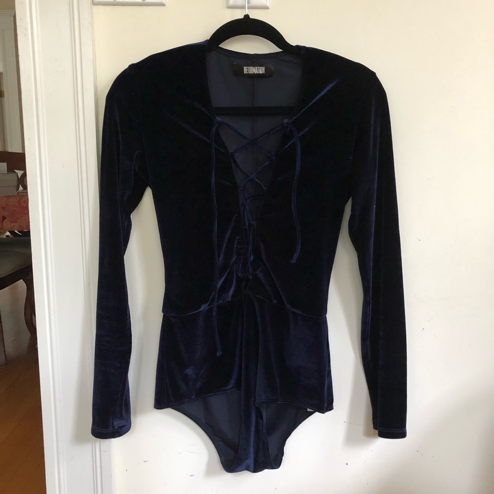 Reformation Deep Navy Velvet Lace-Up Long Sleeve Bodysuit - Picture 2 of 5